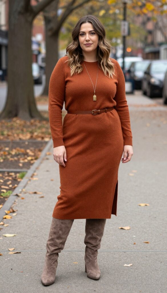 3. Midi Dress with a Belt and Knee-High Boots