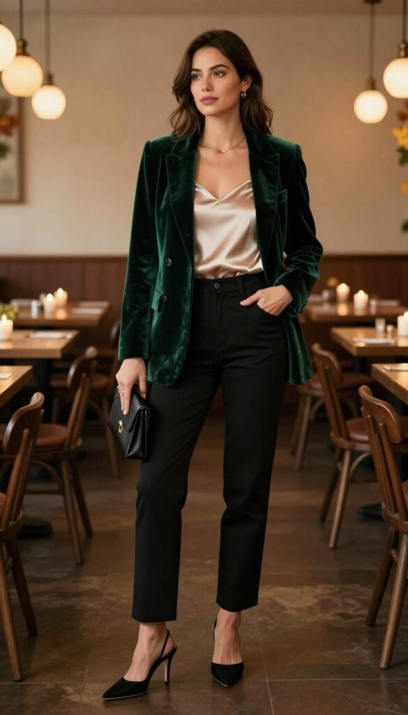 13. Velvet Blazer + Black Trousers + Heeled Mules
