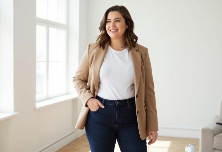 Plus size woman in high-waisted jeans, white tee, and camel blazer, standing confidently in a bright living room.