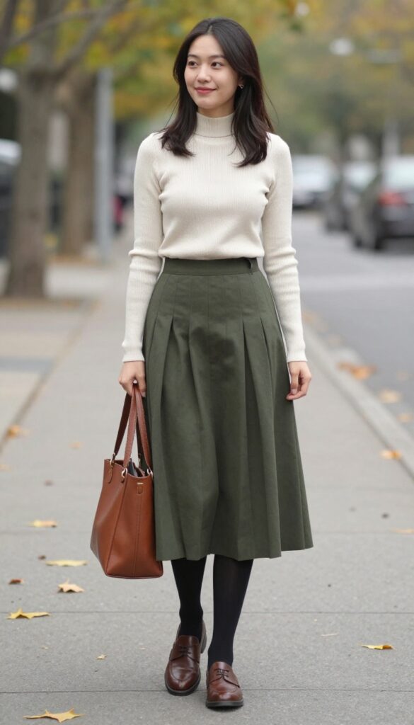 9. Mock Neck Top + Pleated Midi Skirt + Tights + Oxfords