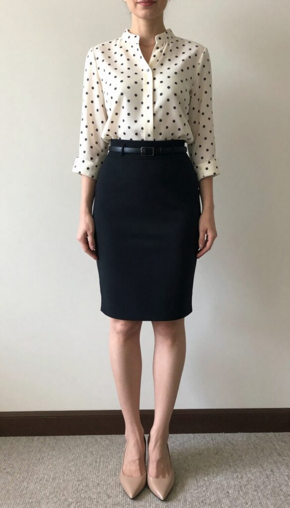 4. Black Pencil Skirt + Patterned Blouse + Pumps