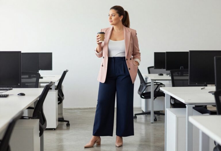 Curvy woman in blush blazer and wide-leg trousers standing in a modern office