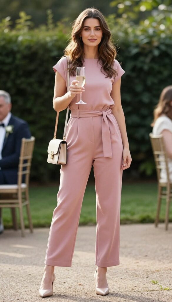 Woman in dusty rose jumpsuit with belted waist at garden wedding reception
