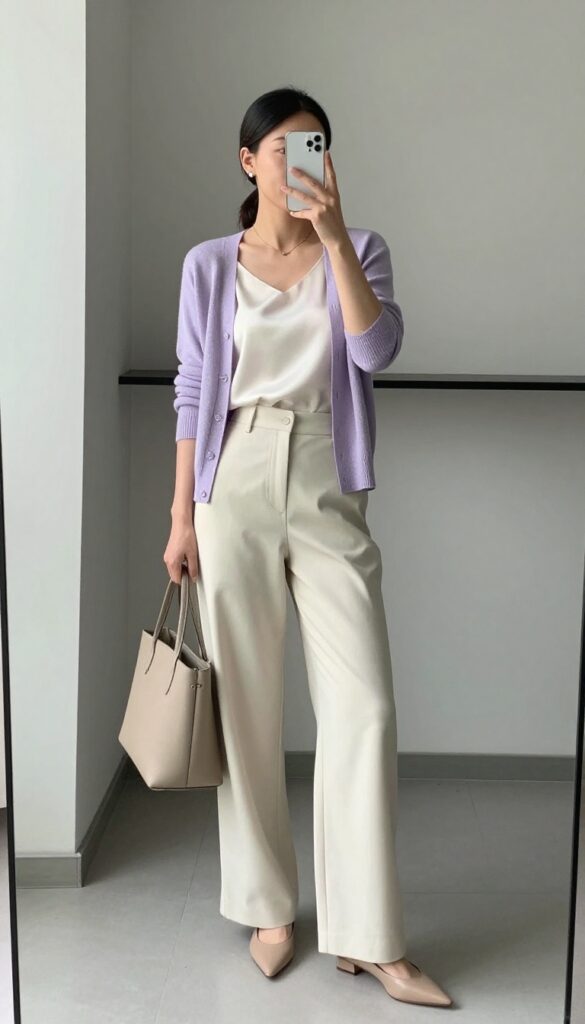 6. Pastel Cardigan + Silk Shell + Wide-Leg Trousers