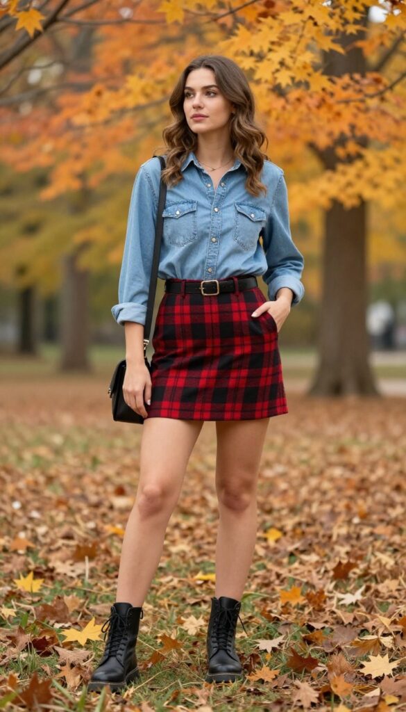 11. Denim Shirt with Plaid Skirt and Lace-Up Boots