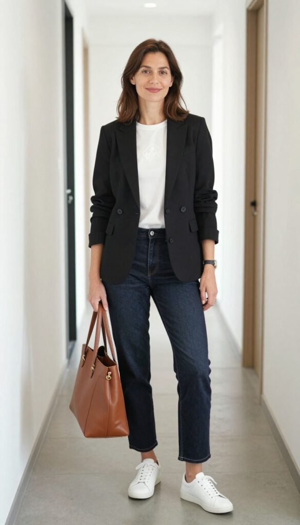 9. Blazer + Graphic Tee + Straight-Leg Jeans