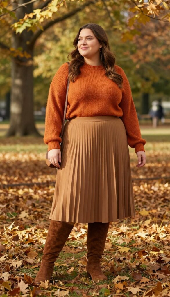 10. Knit Sweater and Pleated Midi Skirt for Fall Coziness