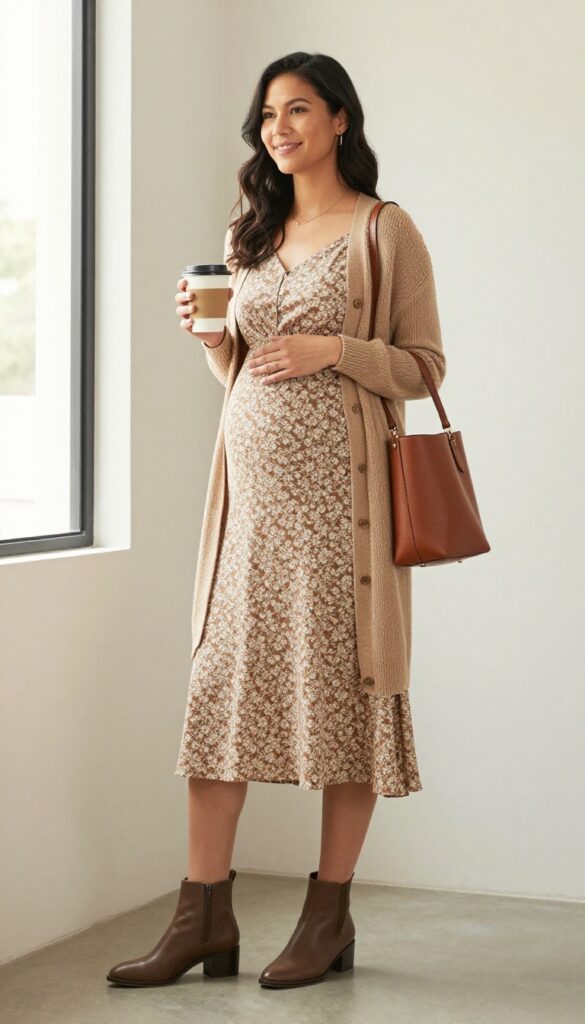 9. A-Line Dress with a Cardigan and Ankle Boots