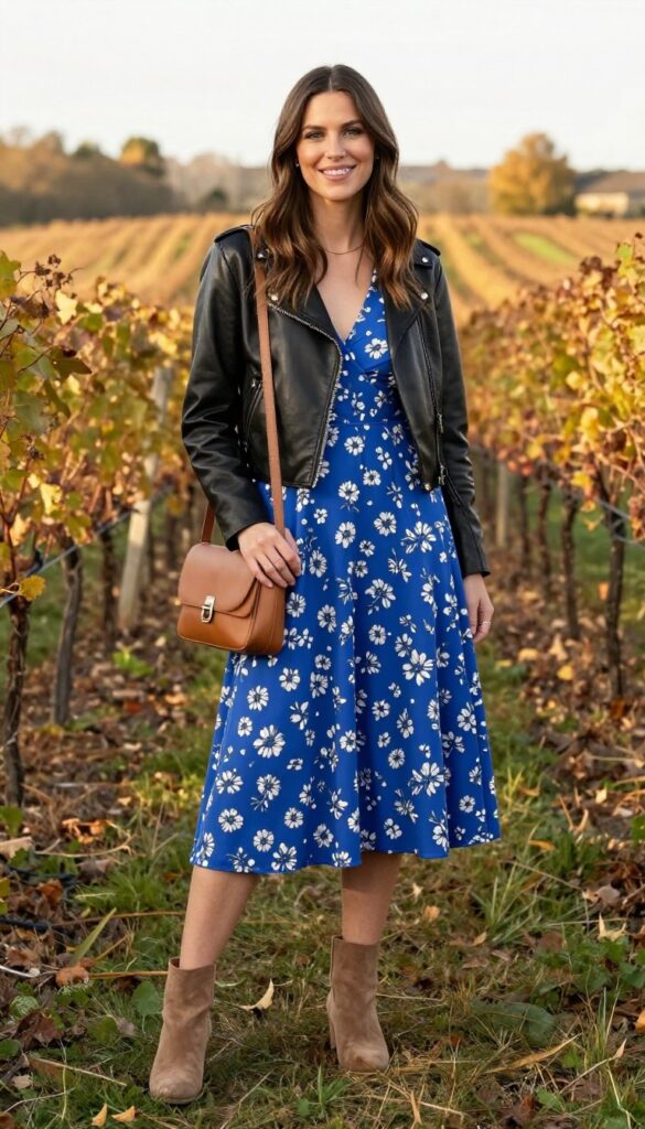 3. Fall Vineyard Wedding: Royal Blue Midi Dress with Suede Ankle Boots