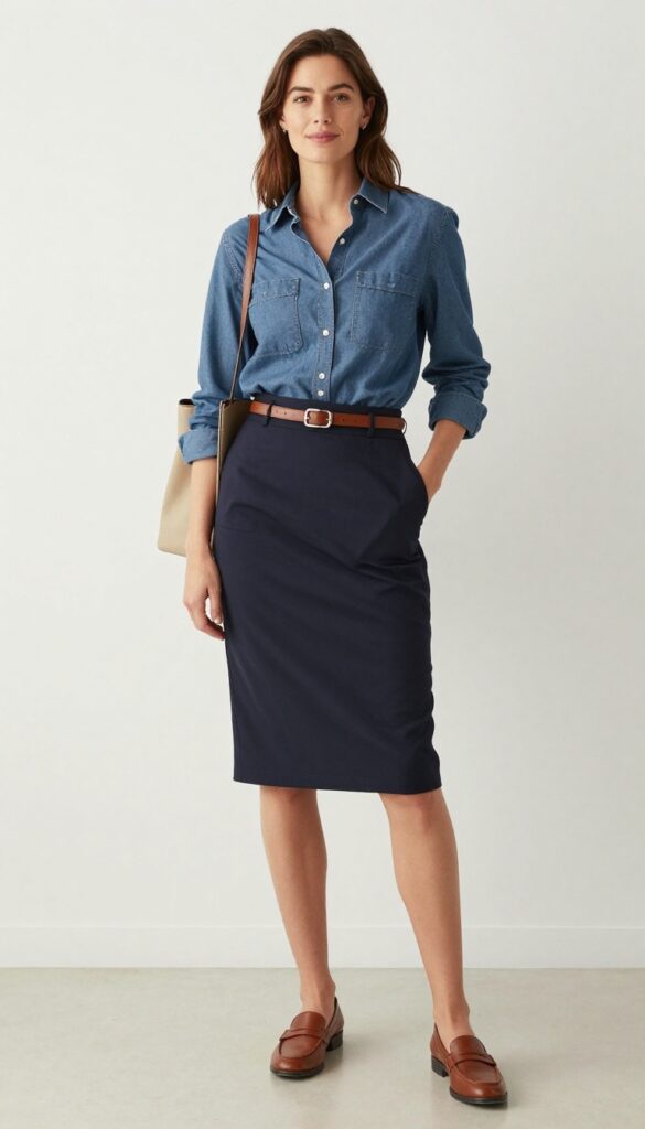 11. Chambray Shirt + Navy Pencil Skirt + Loafers