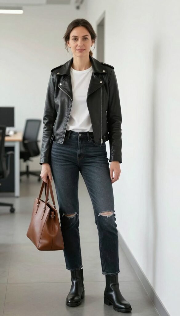 10. Leather Jacket and Ripped Jeans (Office-Safe)