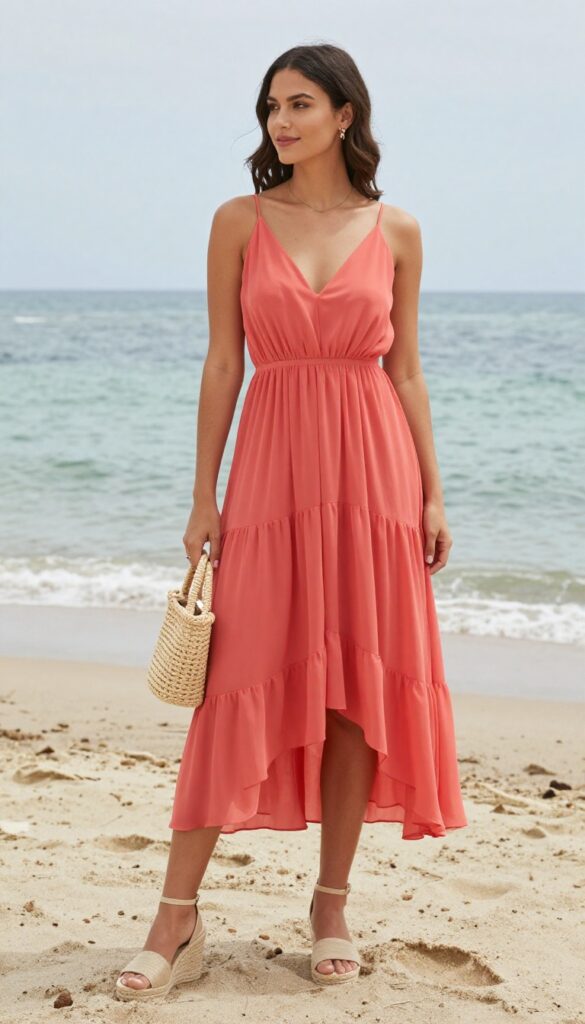 Woman in coral high-low hem dress at beach wedding