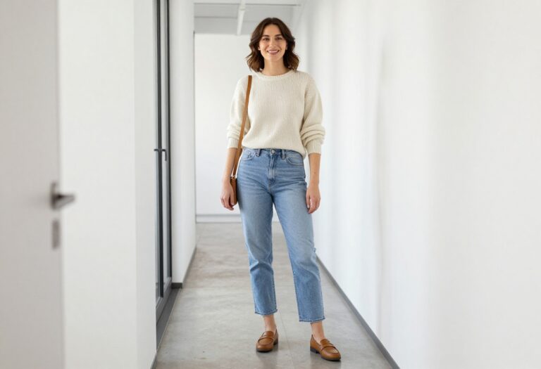 Woman in casual work outfit with knit sweater, jeans, and loafers in a bright office hallway.