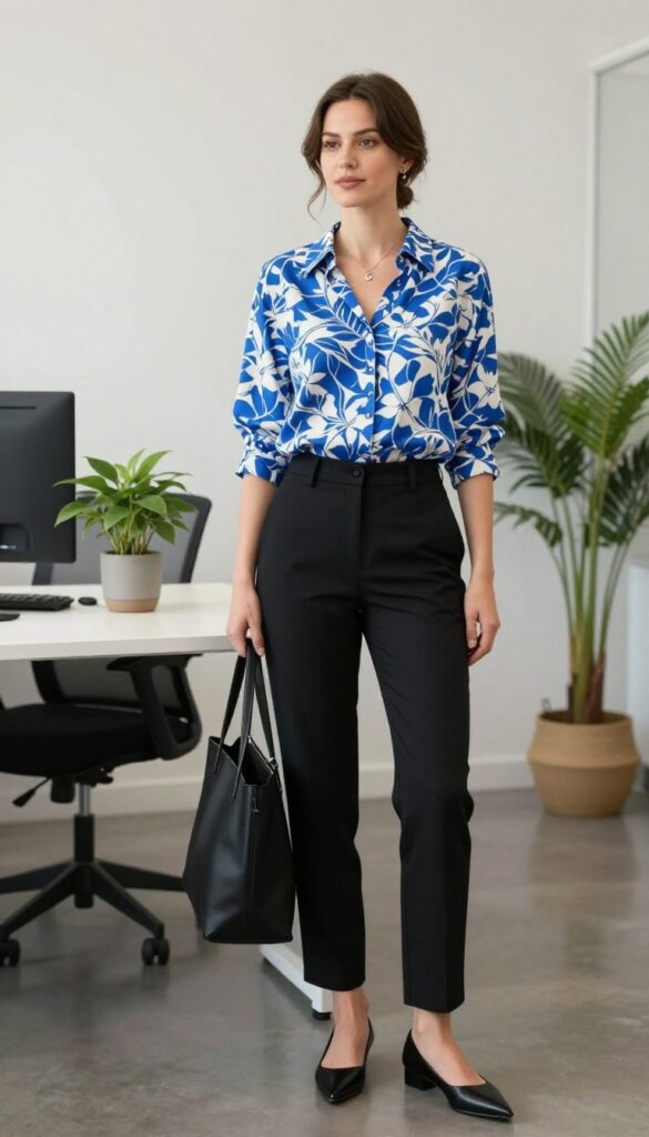 7. Printed Blouse + Black Pants + Pointed Flats
