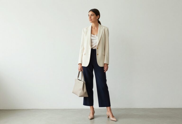 Woman in cream blazer and navy wide-leg trousers standing in office lobby