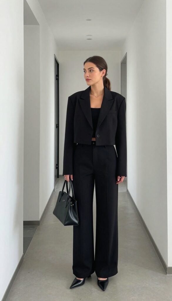 11. Cropped Blazer + High-Waist Trousers + Mules