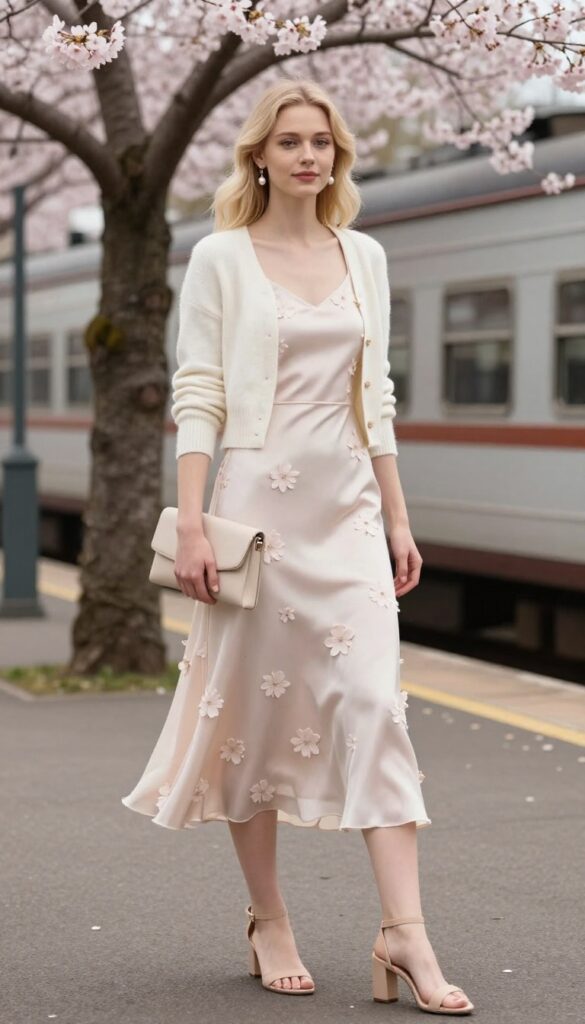 Young woman in blush silk slip dress with 3D floral appliqués, cropped ivory cardigan, pearl earrings, and nude block-heel sandals, standing on a vintage train platform with cherry blossoms, spring garden party wedding guest outfit.