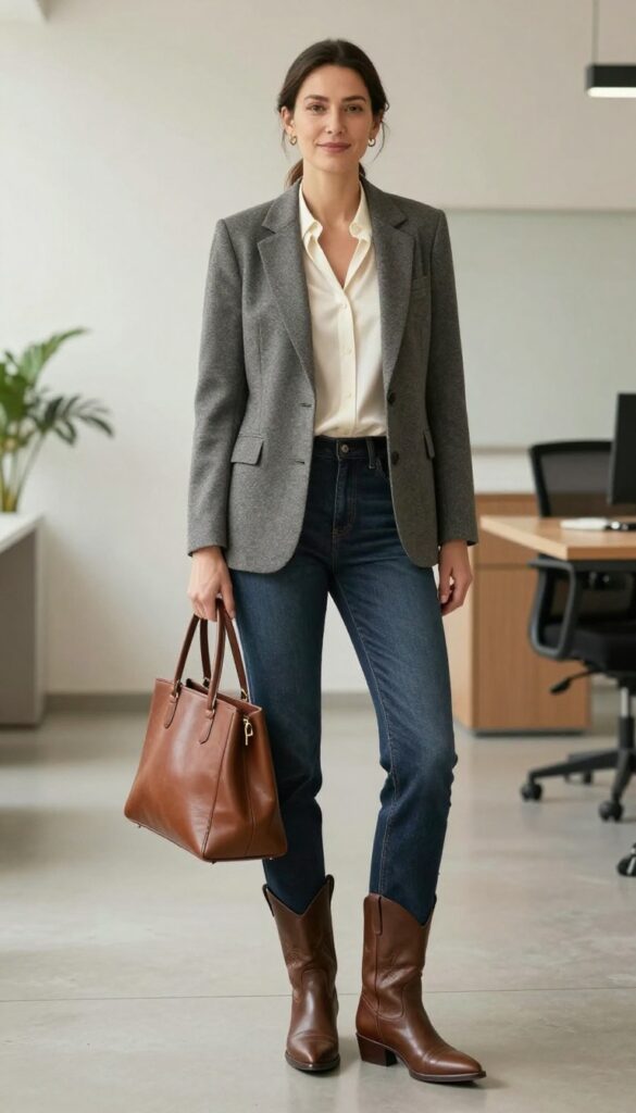 13. Gray Blazer + Silk Blouse + Dark Wash Bootcut Jeans + Brown Cowboy Boots