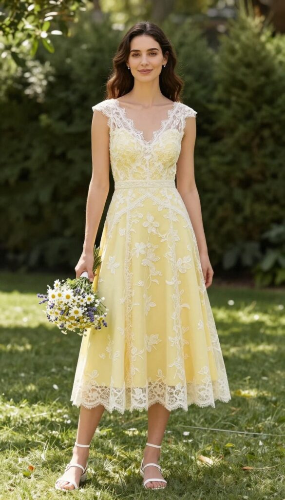 Woman in yellow fit-and-flare lace overlay wedding dress with white sandals and wildflower bouquet in garden