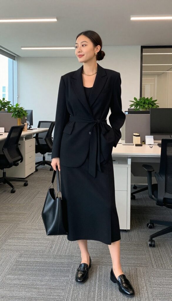 2. Black Midi Dress + Blazer + Loafers