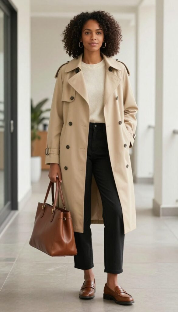11. Trench Coat + Cashmere Sweater + Straight-Leg Pants