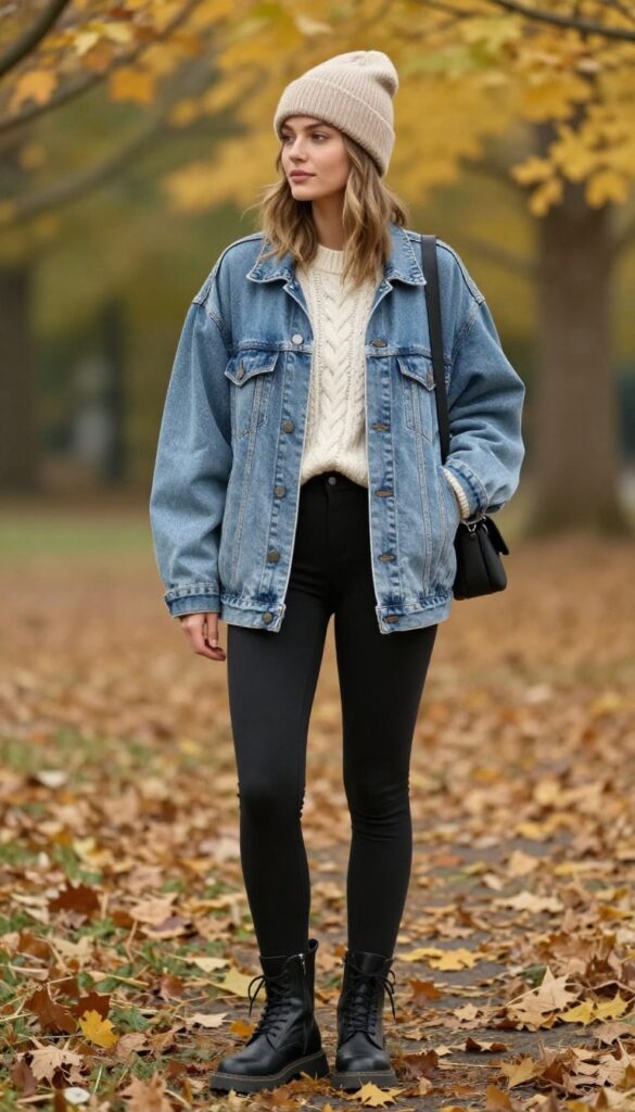 3. Oversized Jean Jacket + Chunky Knit + Leggings