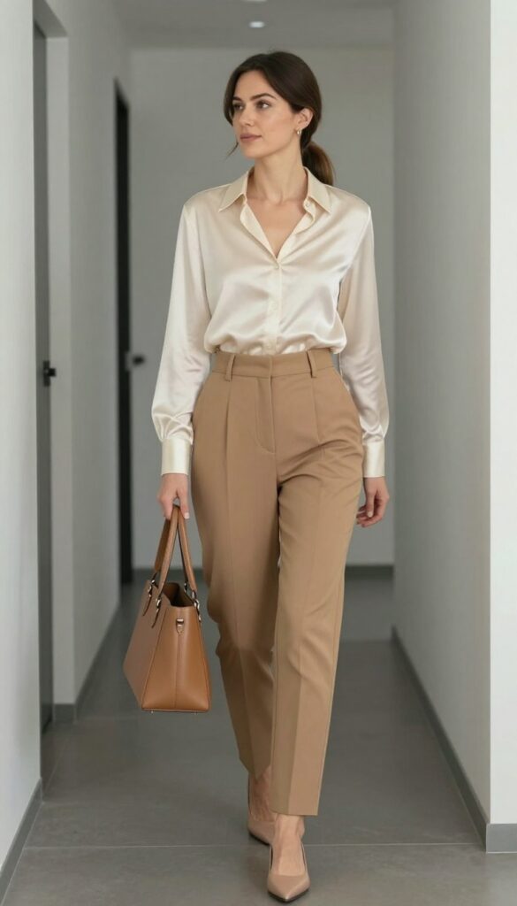 1. The Tailored Trousers + Silk Blouse Combo