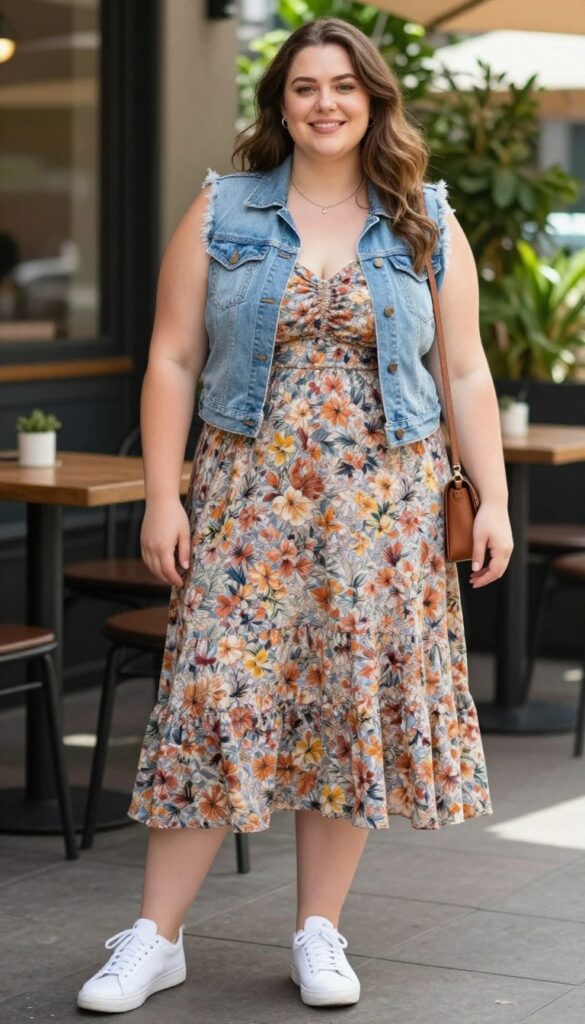 2. Denim Vest with a Floral Dress