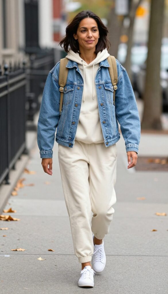 9. Denim Jacket, Hoodie, and Joggers