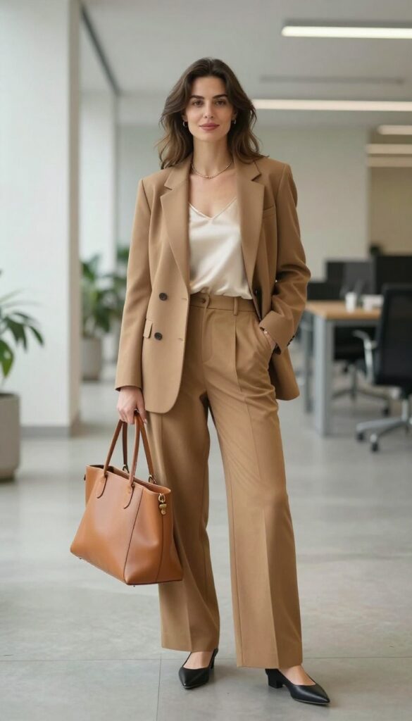7. Brown Blazer with Camel Wide-Leg Trousers