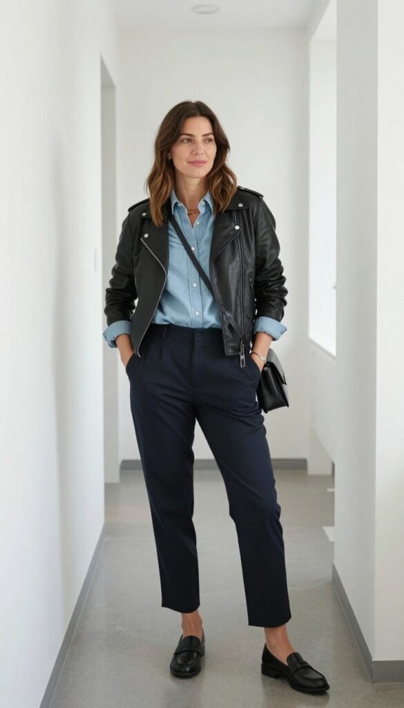 11. Leather Moto Jacket + Chambray Shirt + Khaki Chinos