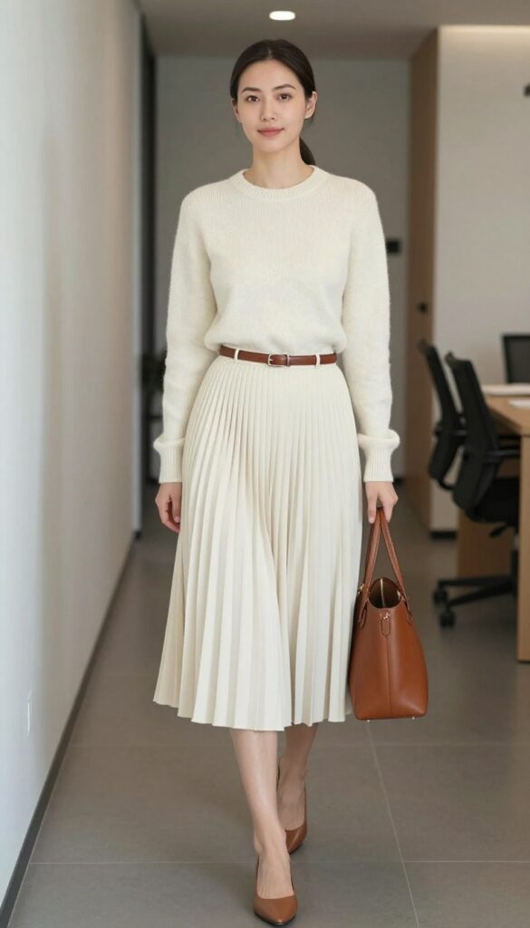2. Cashmere Sweater and Pleated Midi Skirt