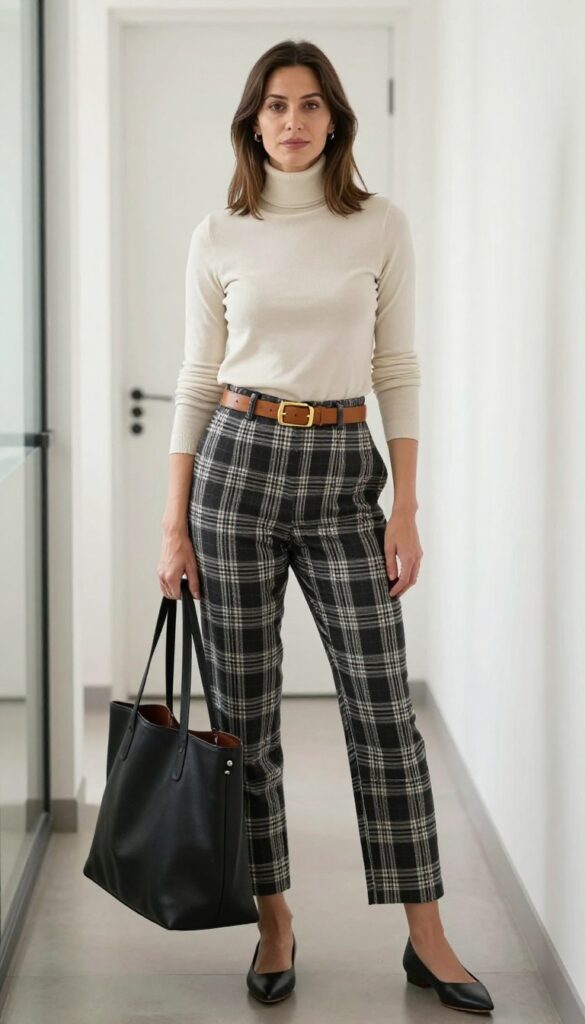 13. Turtleneck + Plaid Trousers + Belt