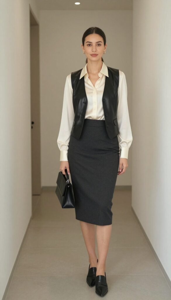 10. Leather Vest with Silk Blouse and Pencil Skirt