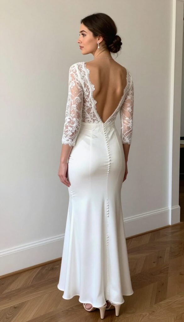 Adult woman in fitted white satin mermaid wedding dress with three-quarter sleeves and low back, strappy nude heels, minimal jewelry, low updo, standing in elegant ballroom with soft lighting.