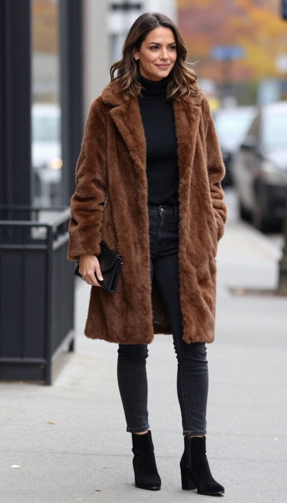 15. Brown Faux Fur Coat with Dark Denim