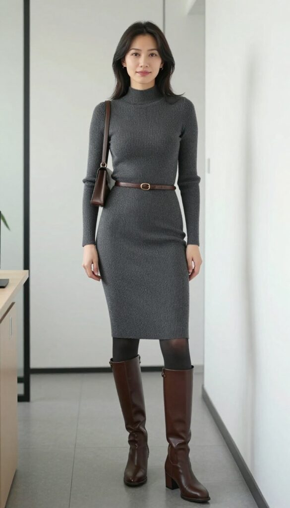 13. The Knit Dress with a Belt and Knee-High Boots