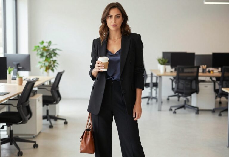 Woman in black blazer and trousers standing in a modern office