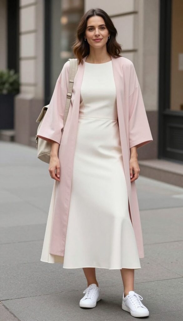Woman in fit-and-flare wedding dress with pink cardigan, white sneakers, and backpack on city street