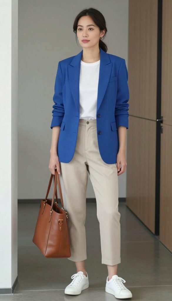 1. Cobalt Blazer + White Tee + Cropped Trousers