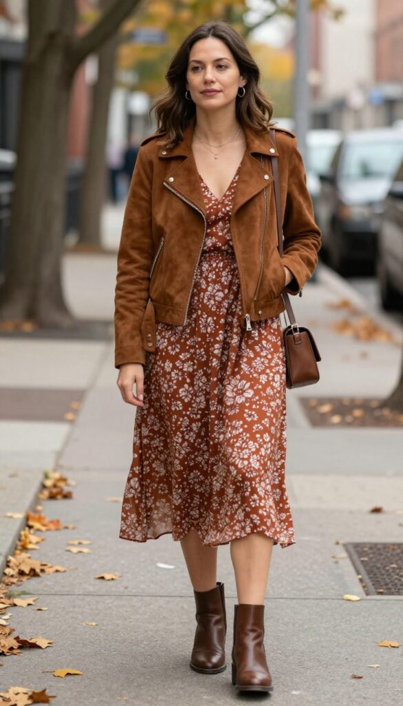 9. Brown Suede Moto Jacket with a Floral Dress