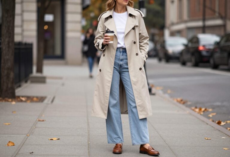 Woman in beige trench coat, white tee, wide-leg jeans, and loafers on a city street with autumn leaves