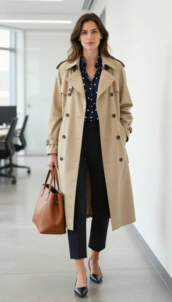 8. Lightweight Trench + Printed Blouse + Cropped Pants
