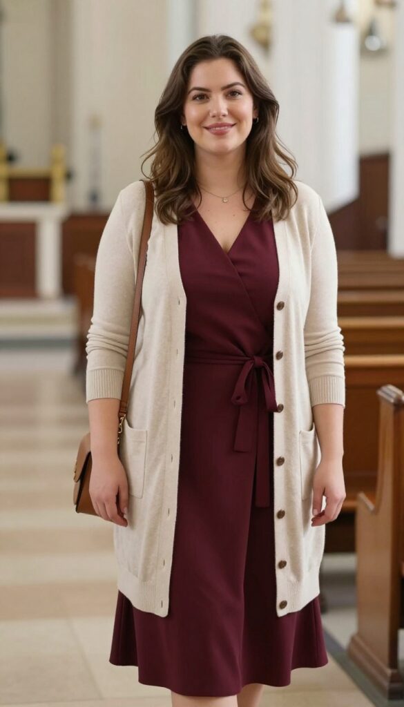 1. Wrap Dress with a Light Cardigan and Block Heels