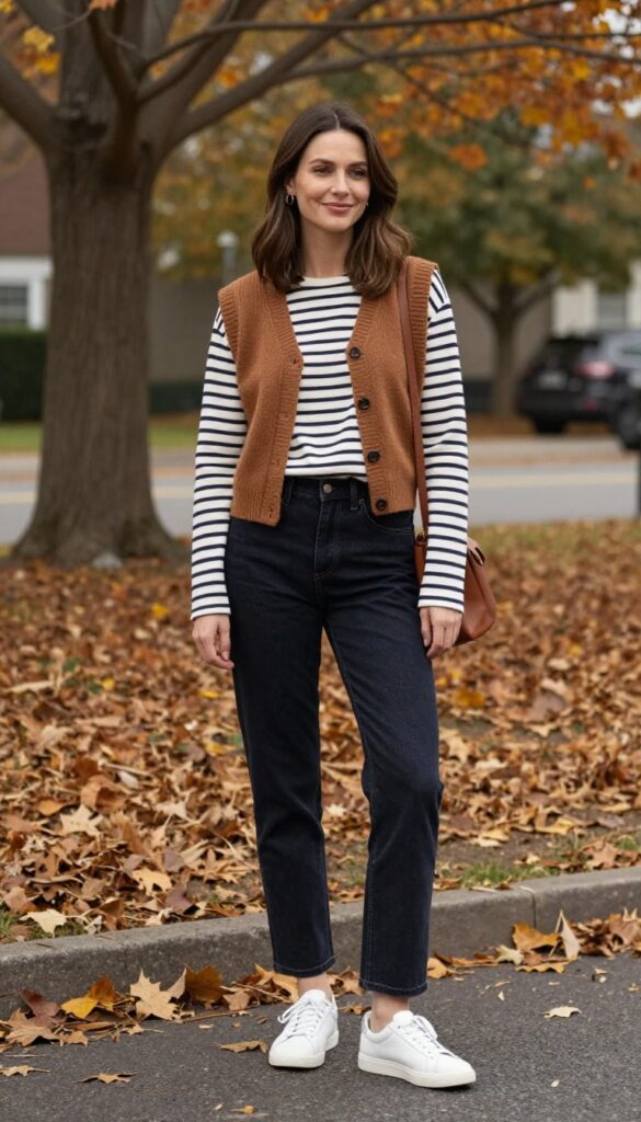 5. Brown Knit Vest Over a Striped Long-Sleeve Top