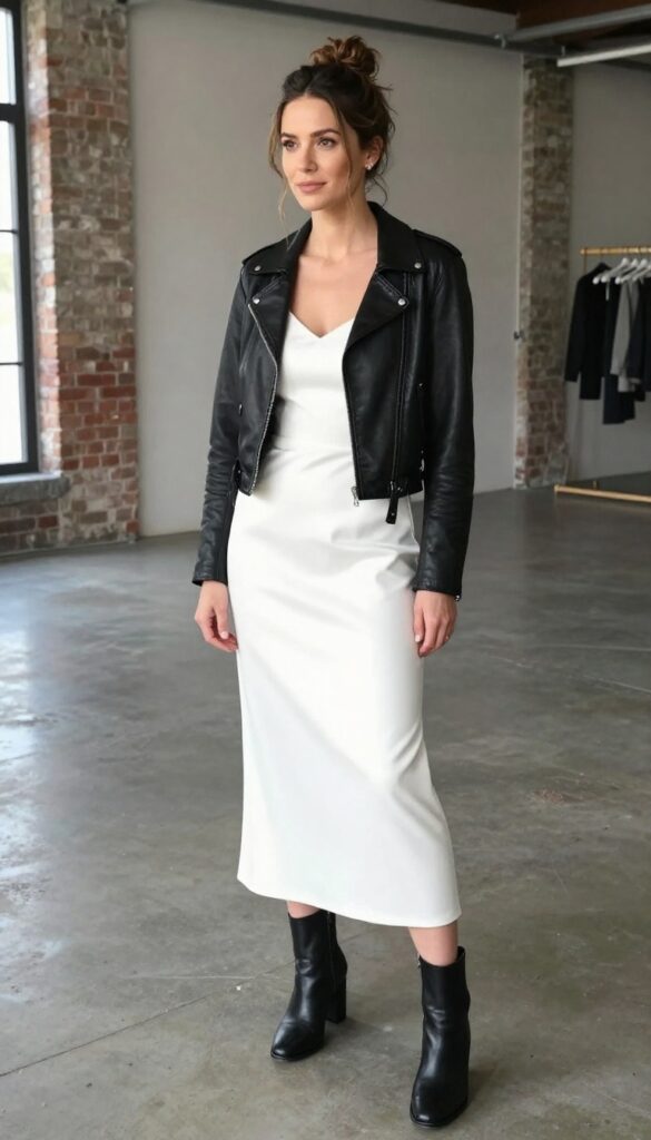Bride in white drop waist dress and black leather jacket at industrial loft venue