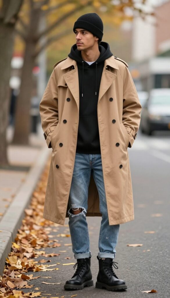 10. Trench Coat with Streetwear Basics