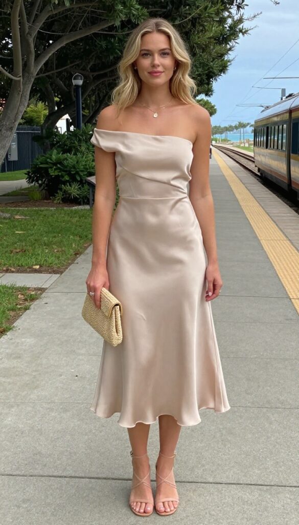 Woman in champagne off-shoulder silk A-line dress with nude sandals and straw clutch on sunny train platform