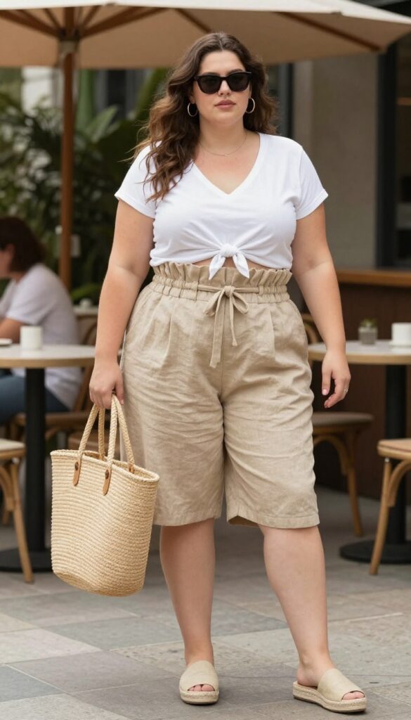 9. Paperbag Waist Shorts with a Knotted Tee and Espadrilles