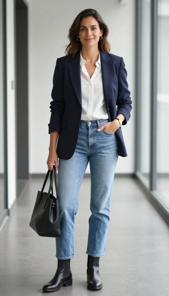 2. Navy Blazer + White Blouse + Light Wash Jeans + Black Chelsea Boots